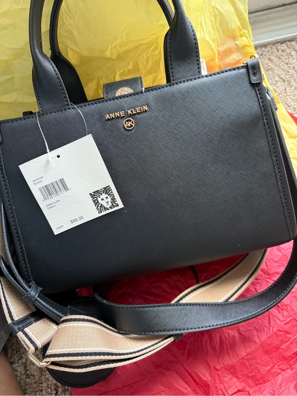 Anne Klein Black Satchel with Striped Shoulder Strap